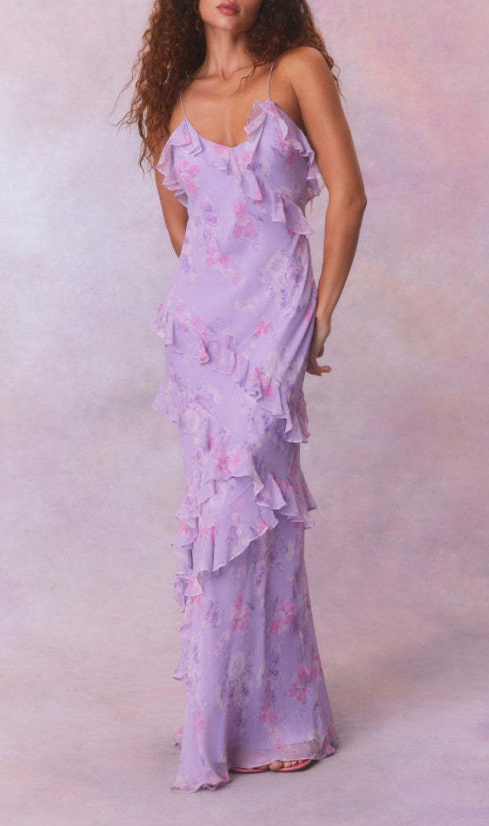 Labonita Purple Floral Ruffle Maxi Dress