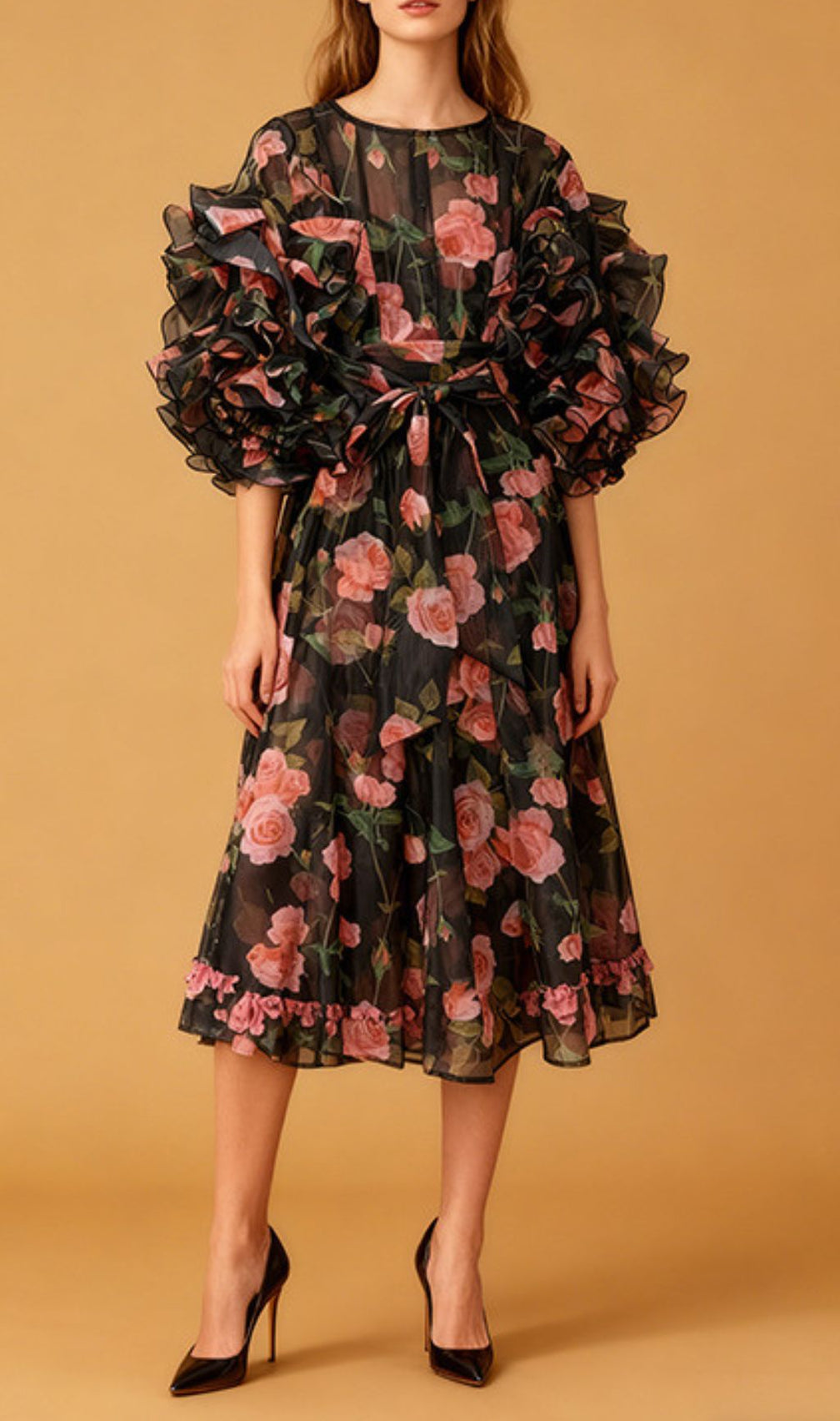 Jordin Romantic Ruffle Sleeve Floral Midi Dress | Women's Blue & Pink