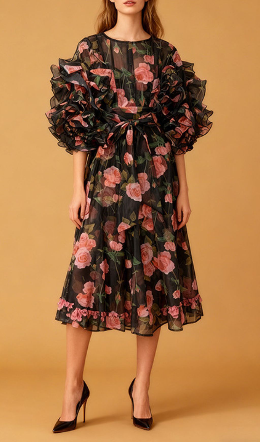 Jordin Romantic Ruffle Sleeve Floral Midi Dress | Women's Blue & Pink