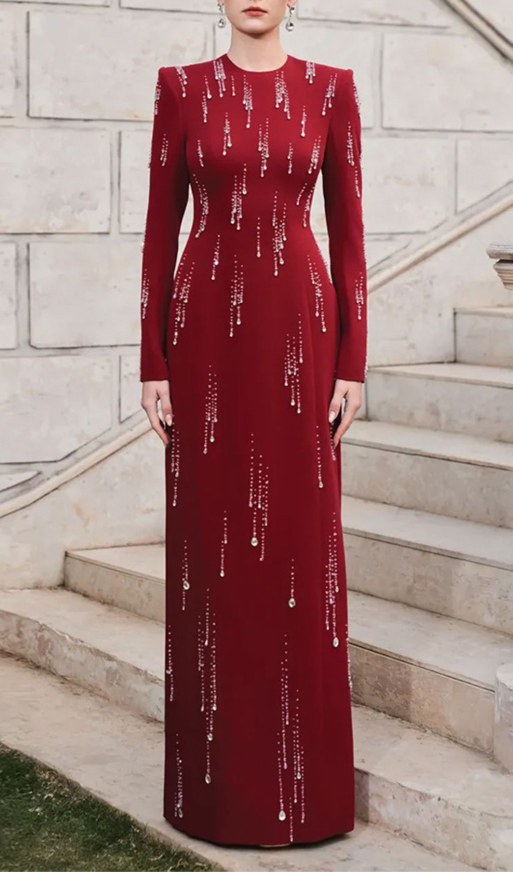Joyita Red Diamante Long Sleeve Maxi Dress - Red Carpet Glamour