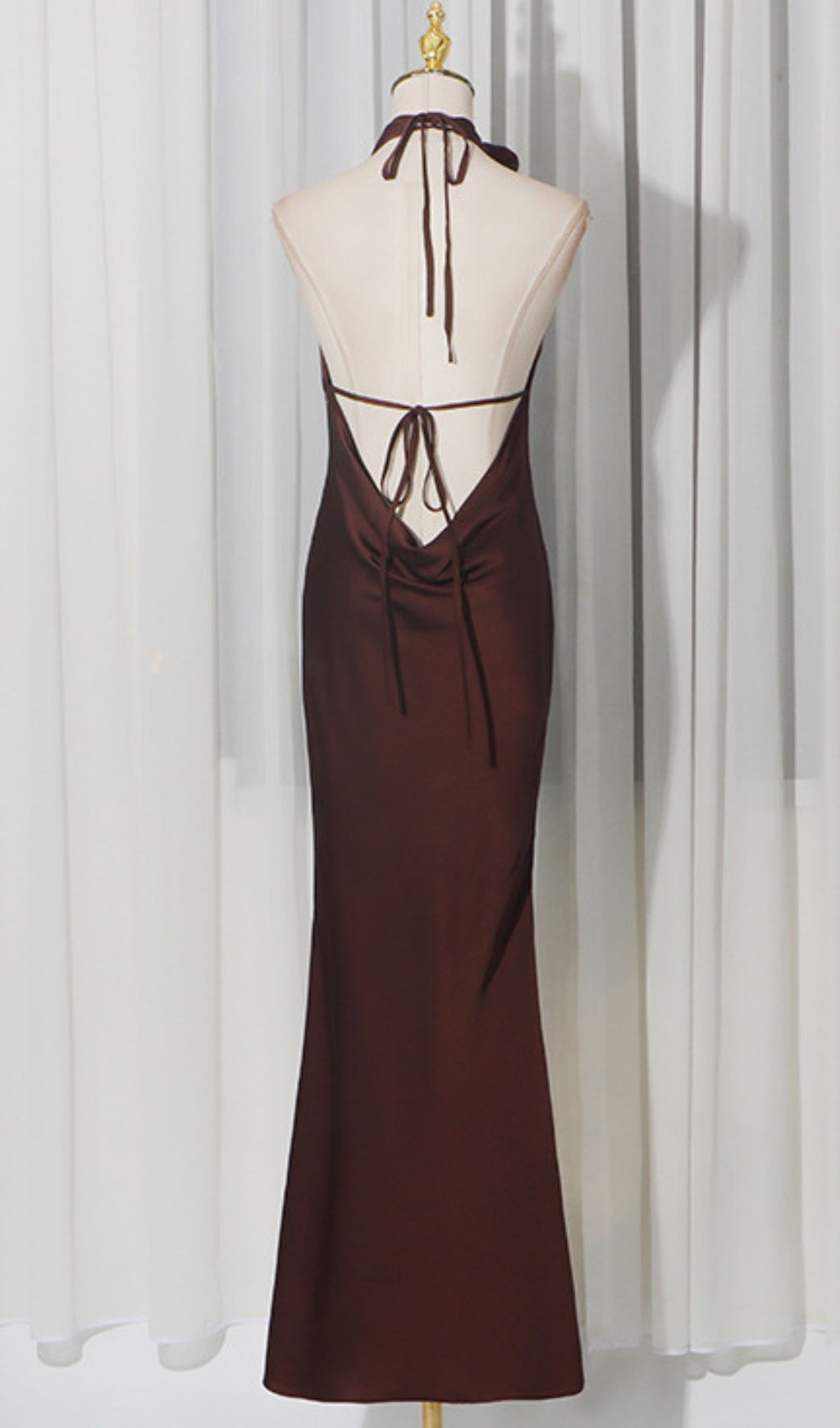 Jeneva Coffee Halter Maxi Dress: Luxurious Satin with a Statement Rose Choker