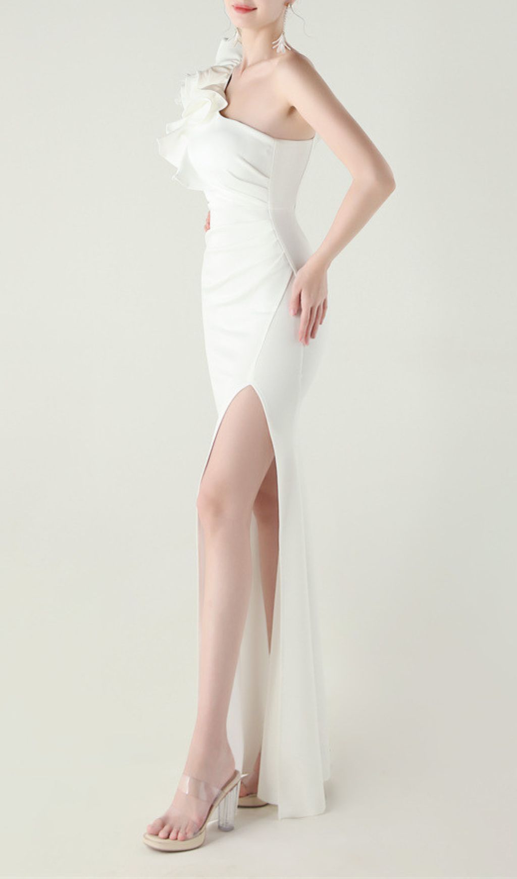 Ijlal Glamorous White One-Shoulder Ruffle Slit Maxi Dress | Elegant Formal Gown
