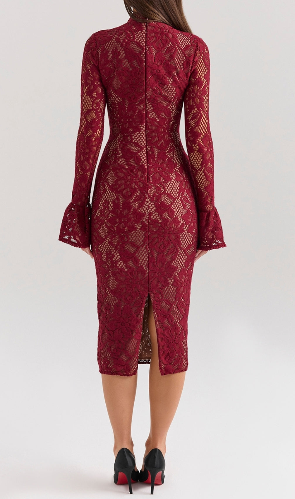 Cayman Red Lace Long Sleeve Midi Dress