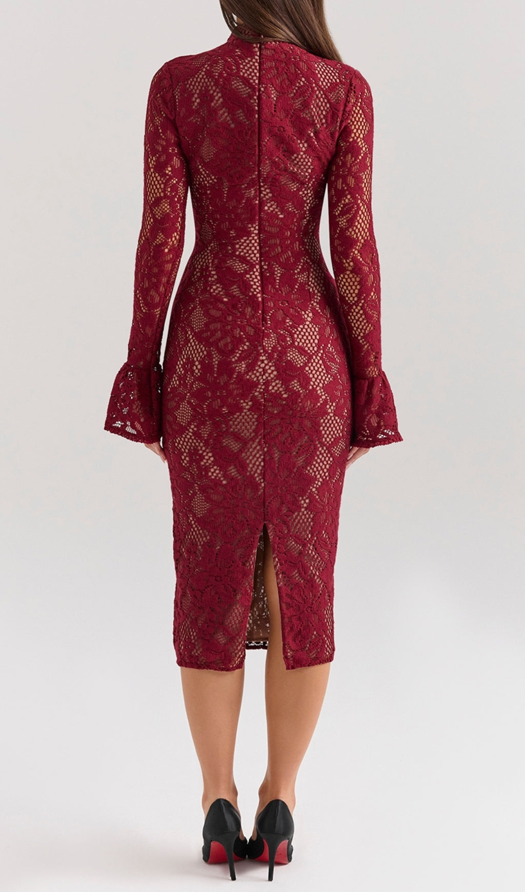 Cayman Red Lace Long Sleeve Midi Dress