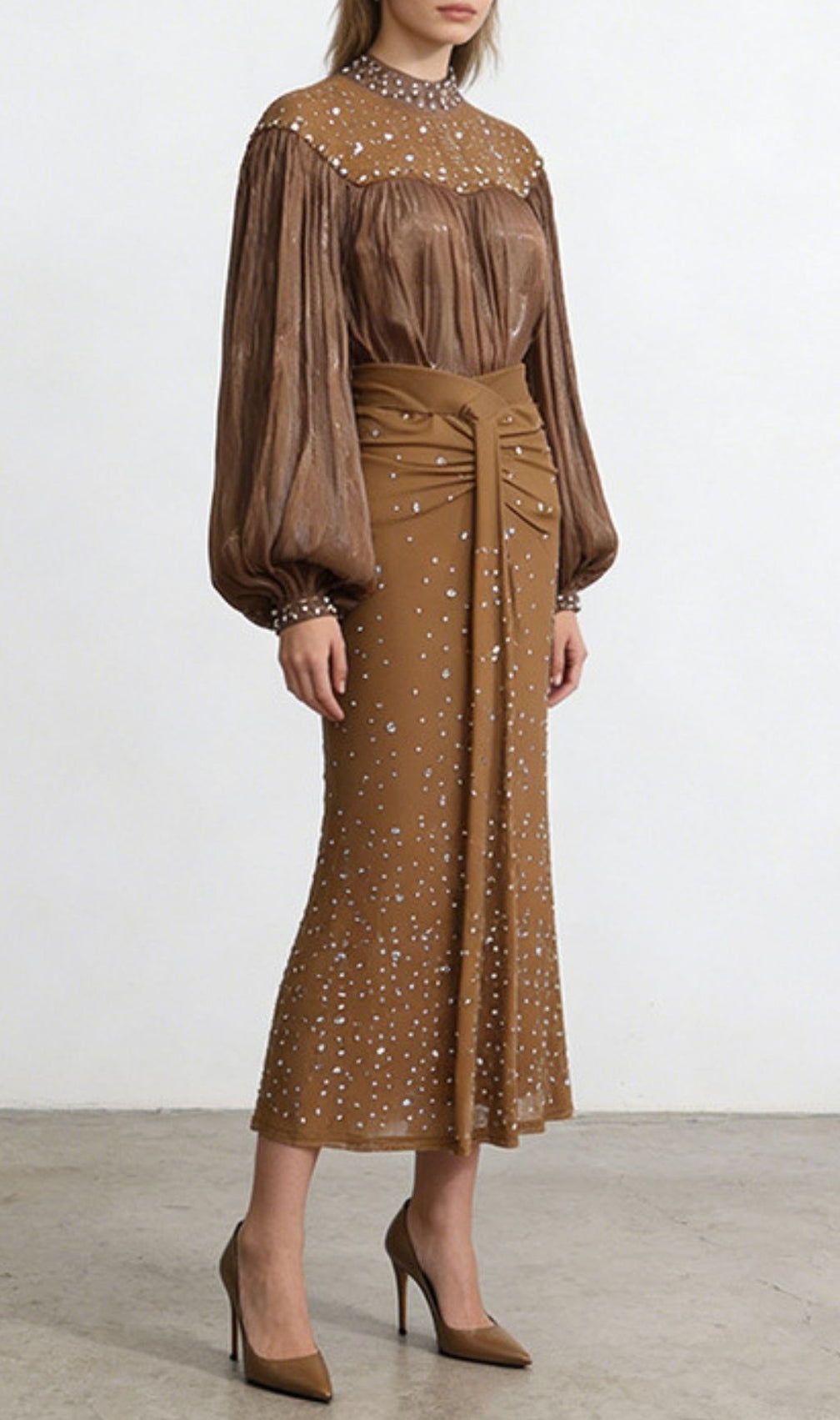 Karyme Diamante Embellished Blouse & Skirt Set - Golden Brown Glamour
