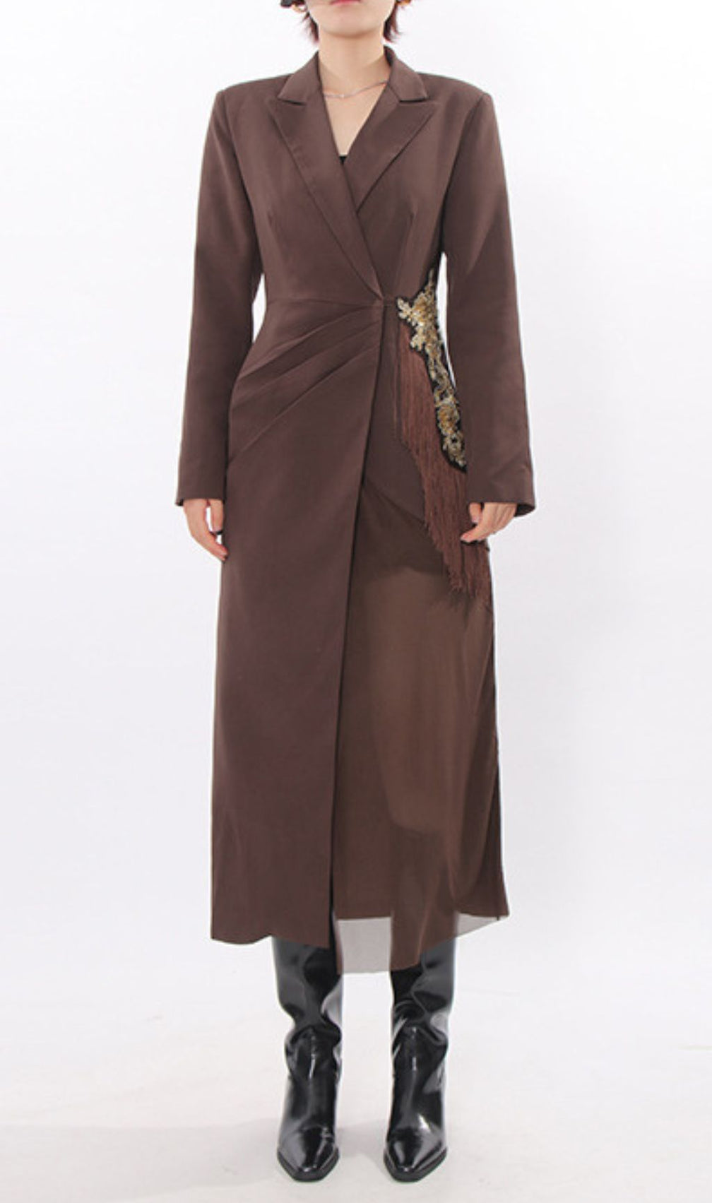Iduia Brown Tassel Blazer Dress: Tailored Chic & Bohemian Flair