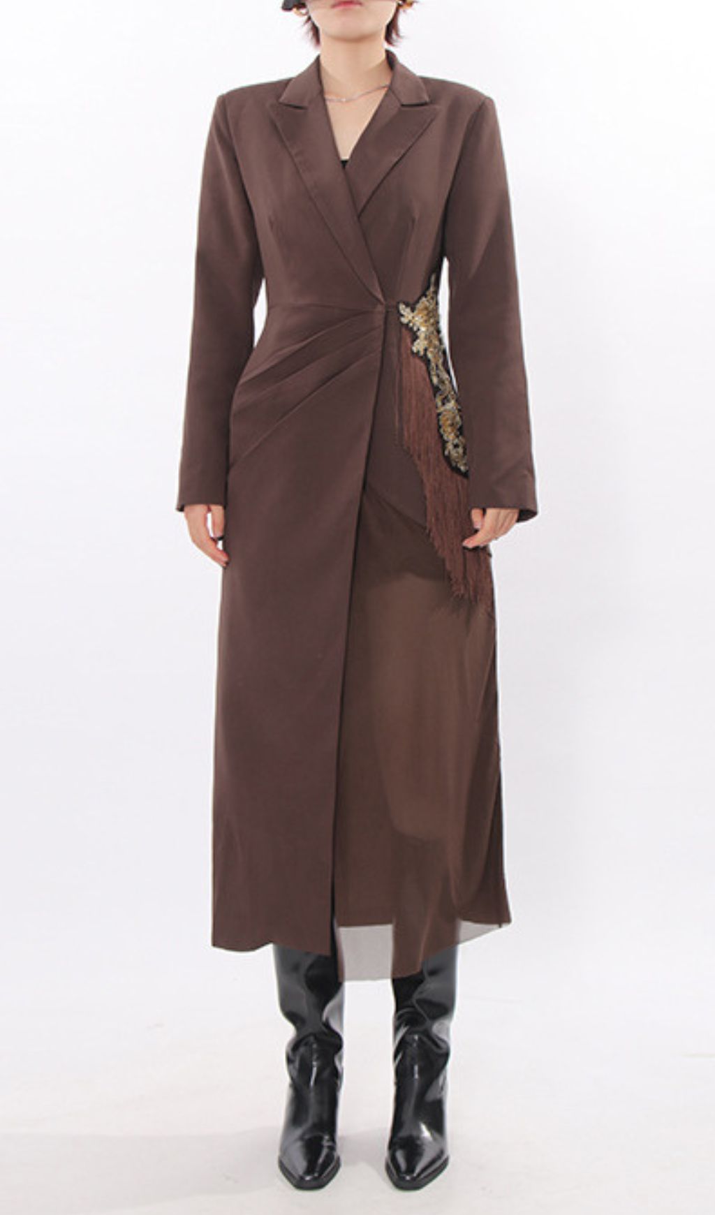 Iduia Brown Tassel Blazer Dress: Tailored Chic & Bohemian Flair