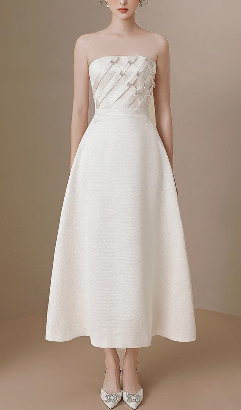 Ayah White Strapless Pearl Midi Dress