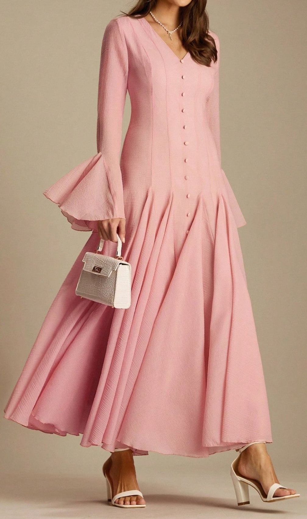 Lane Pink V-Neck Long Sleeve Maxi Dress
