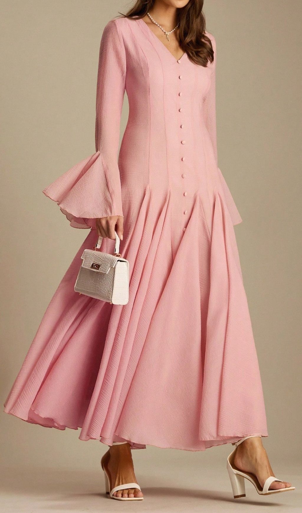 Lane Pink V-Neck Long Sleeve Maxi Dress