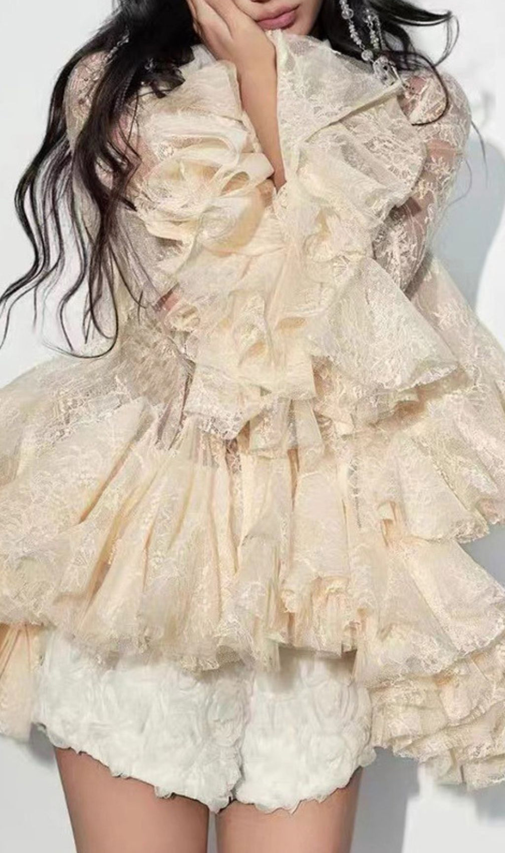 Fanta Lace Trumpet Sleeve Blouse & Shorts Set