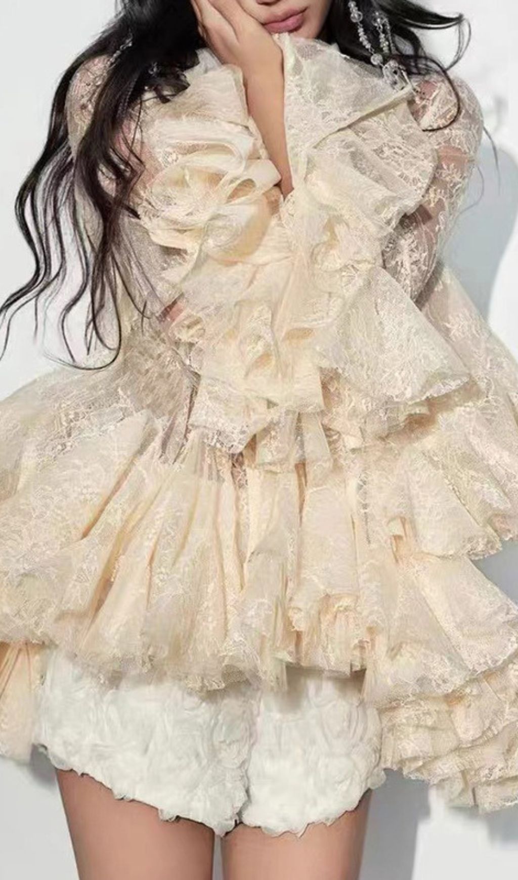 Fanta Lace Trumpet Sleeve Blouse & Shorts Set