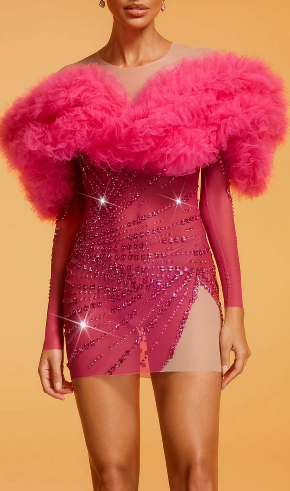 Divinia Fuchsia Ruffle Tulle & Crystal Sparkle Mini Dress