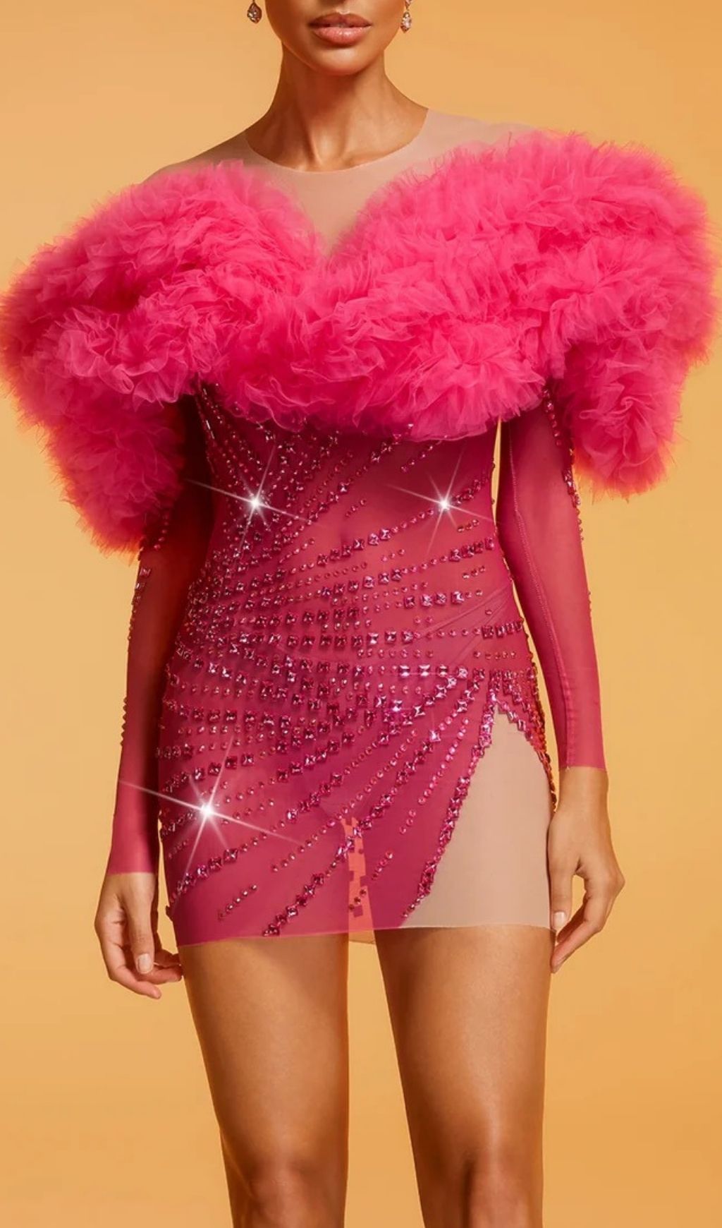 Divinia Fuchsia Ruffle Tulle & Crystal Sparkle Mini Dress