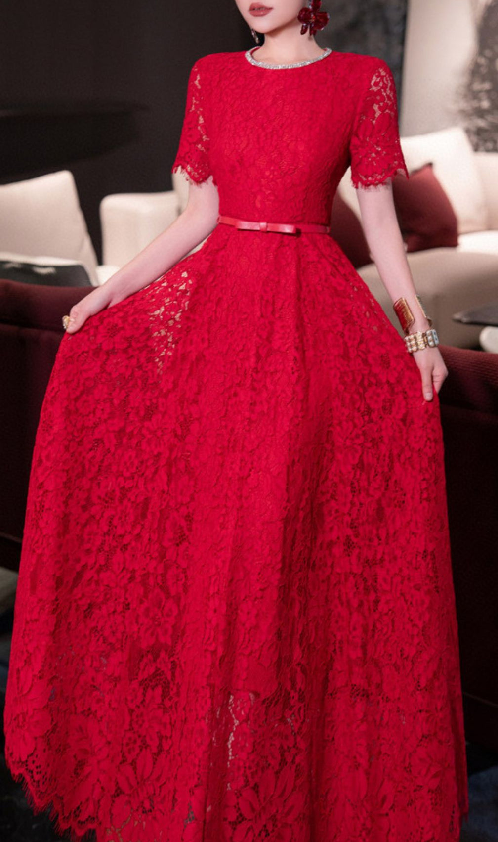 Hilary Red Lace Midi Dress