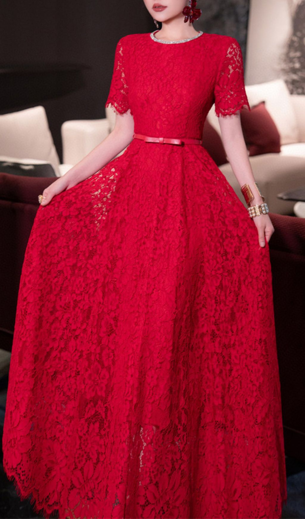 Hilary Red Lace Midi Dress