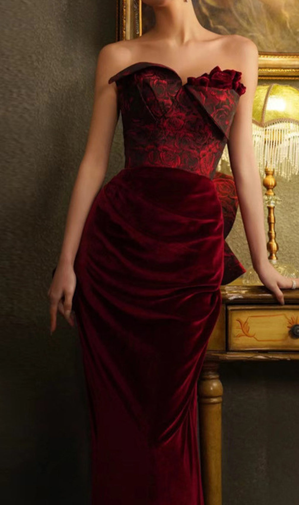 Chainey Wine Flower Velvet Maxi Dress