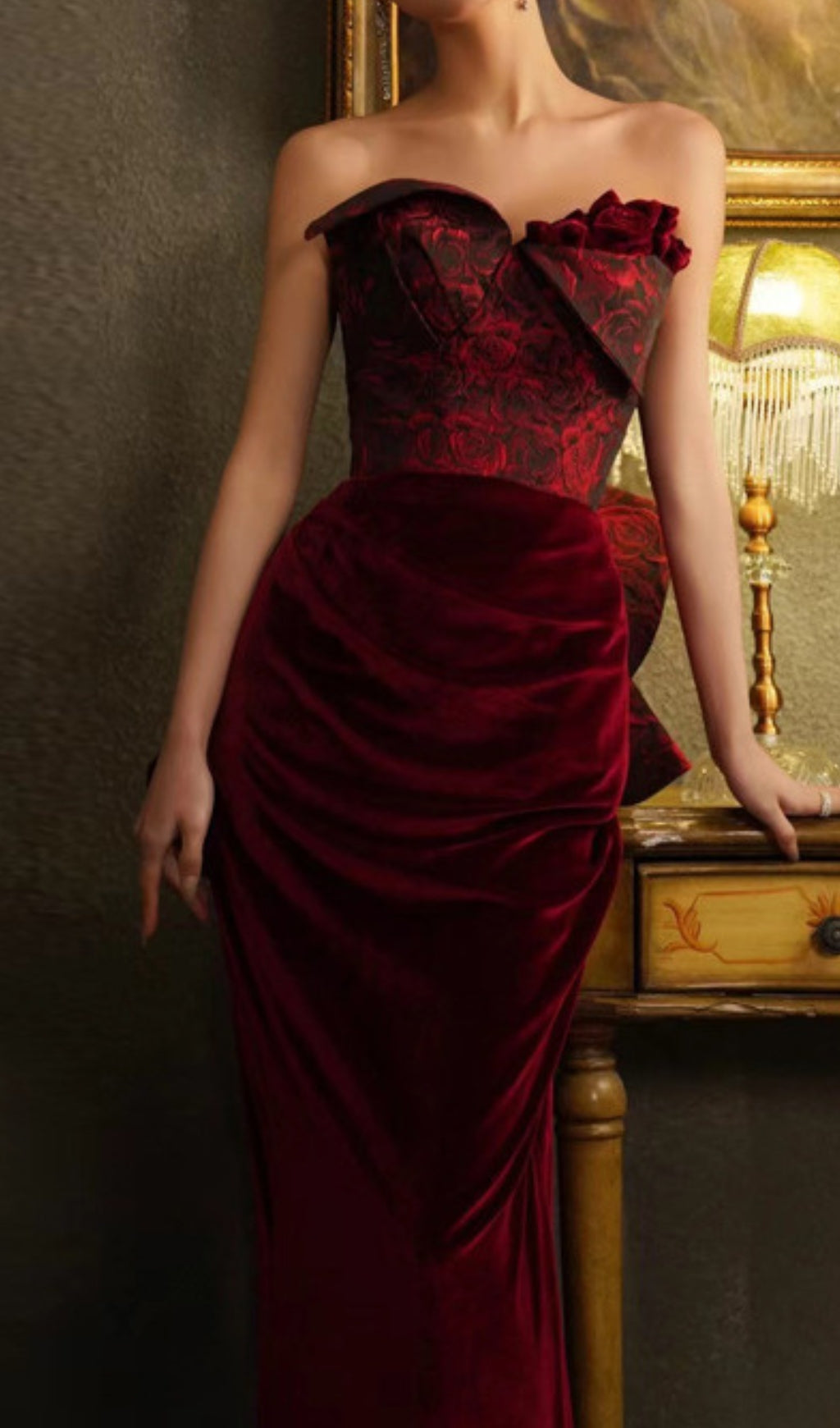 Chainey Wine Flower Velvet Maxi Dress