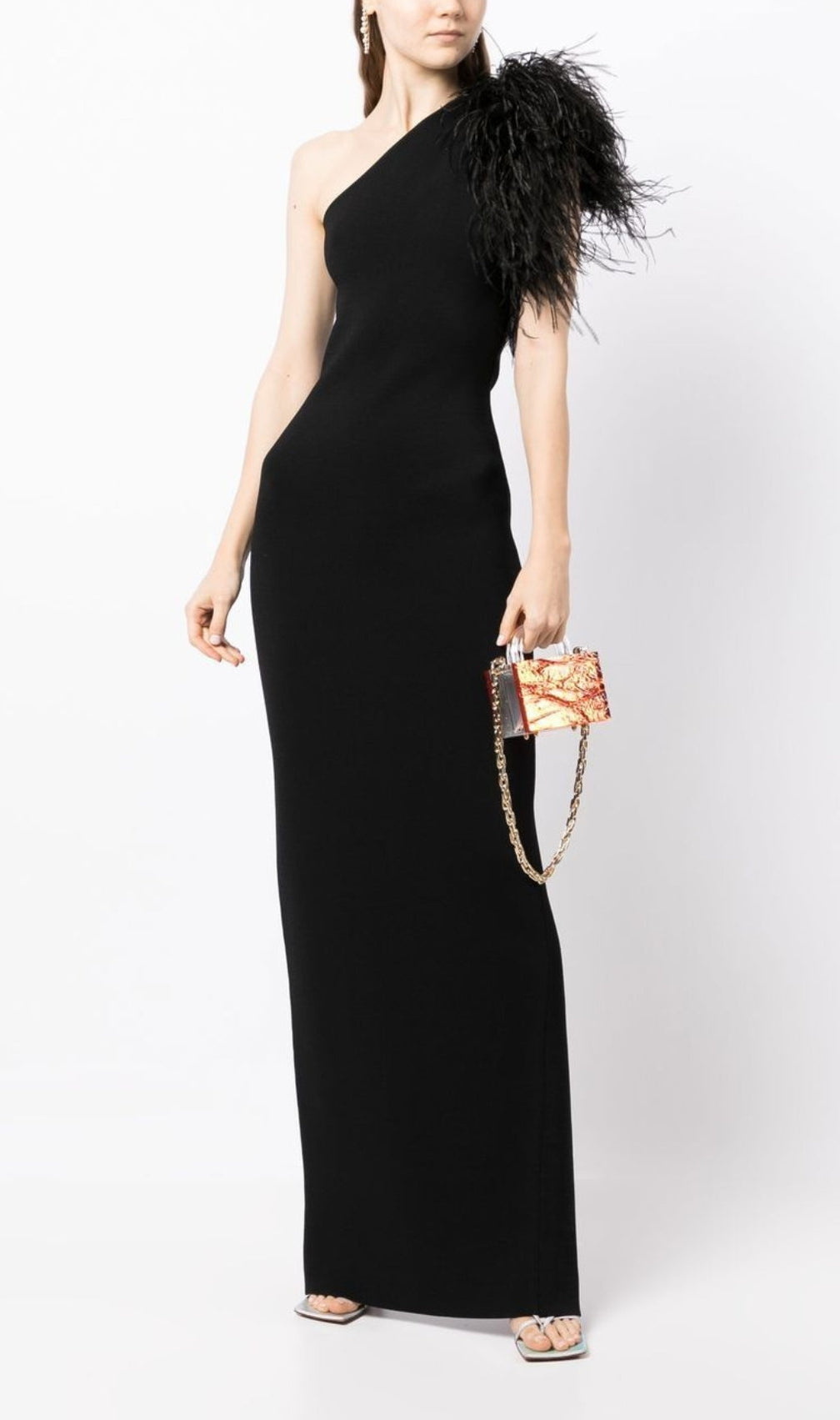 Black One-Shoulder Feather Maxi Dress