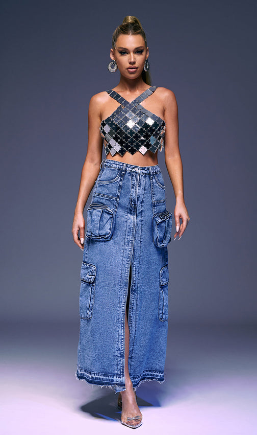 Pocket Split Denim Skirt In Blue