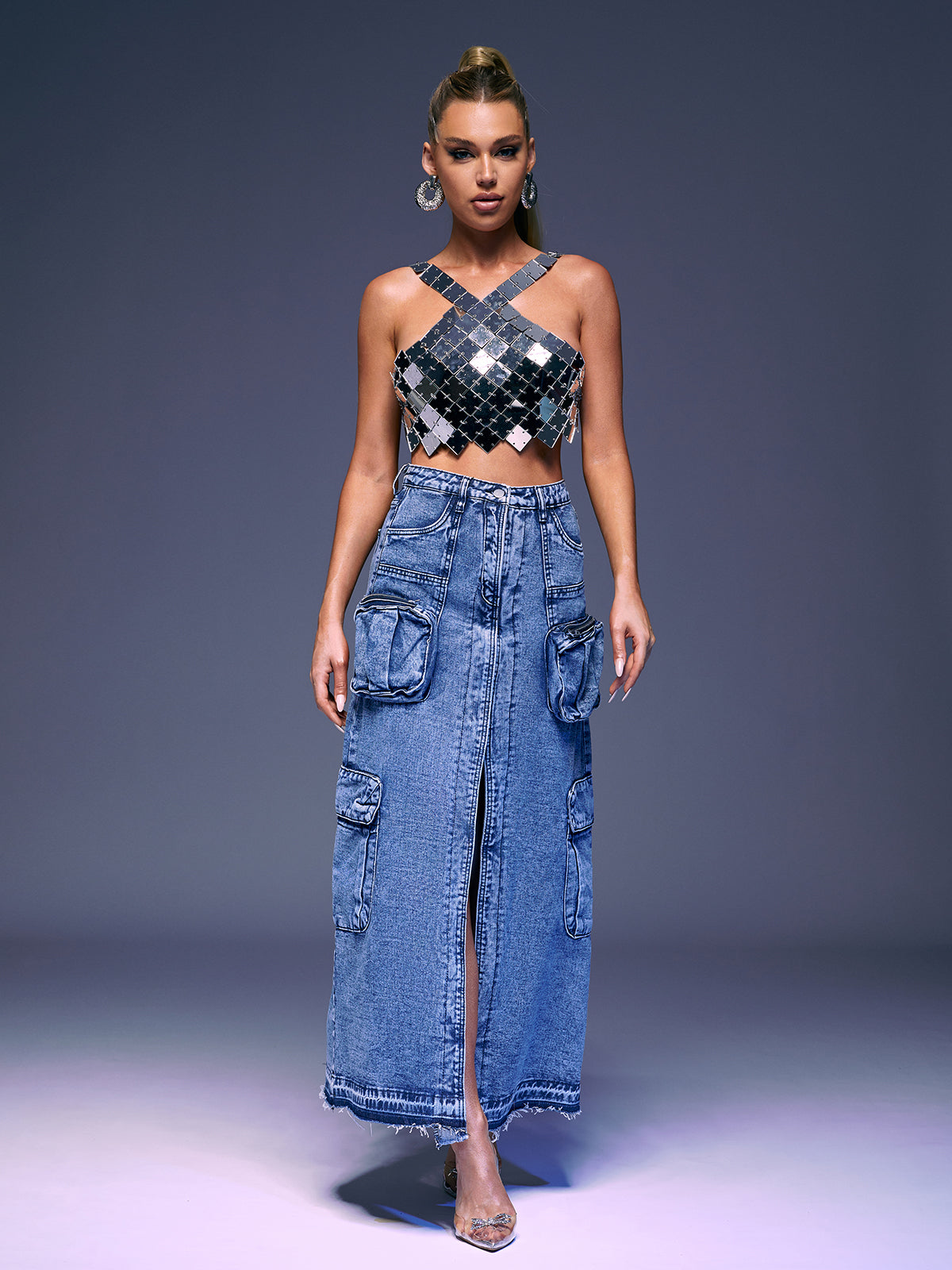 Pocket Split Denim Skirt In Blue