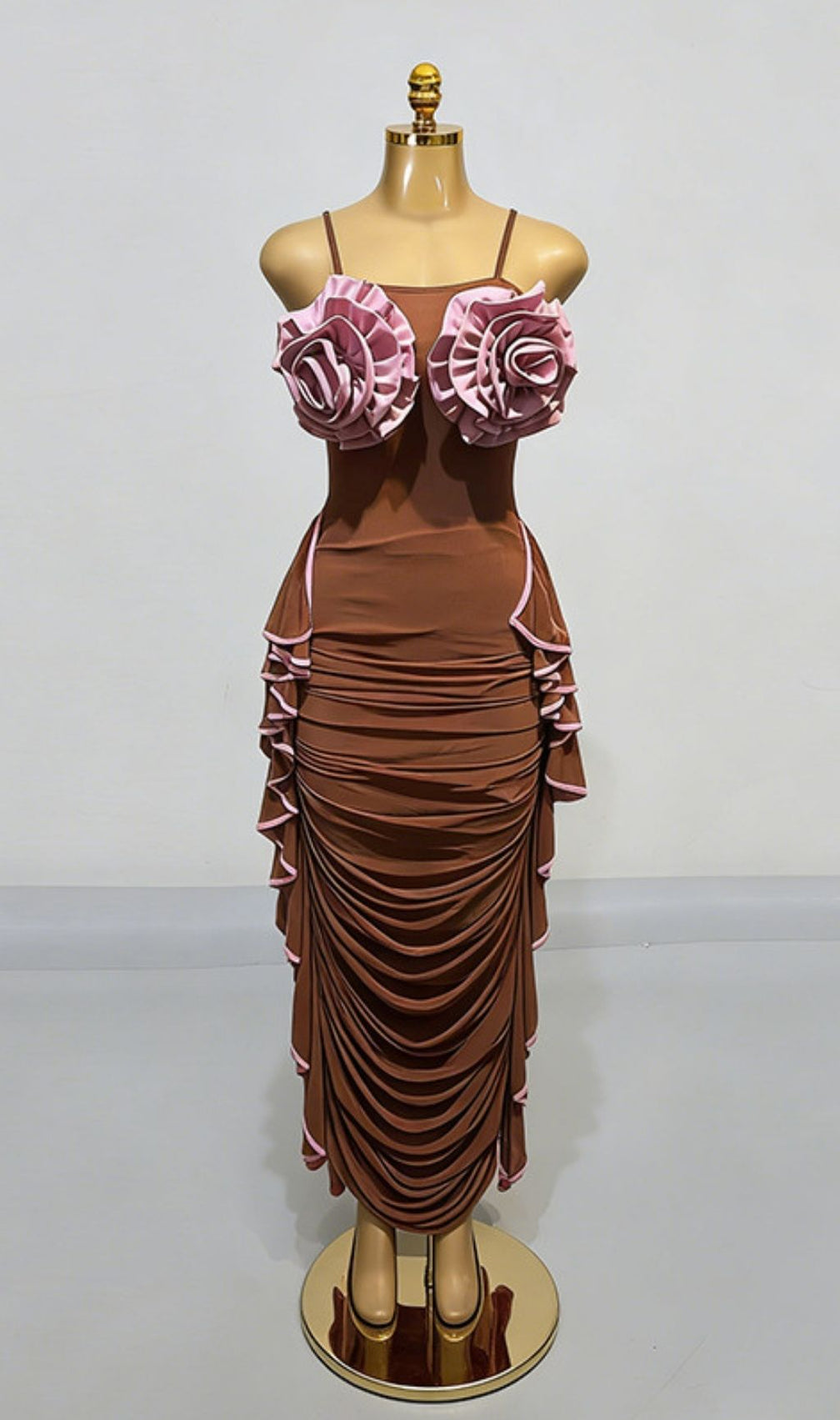 Keziah Enchanting 3D Rose Ruched Maxi Dress - White & Red Elegance