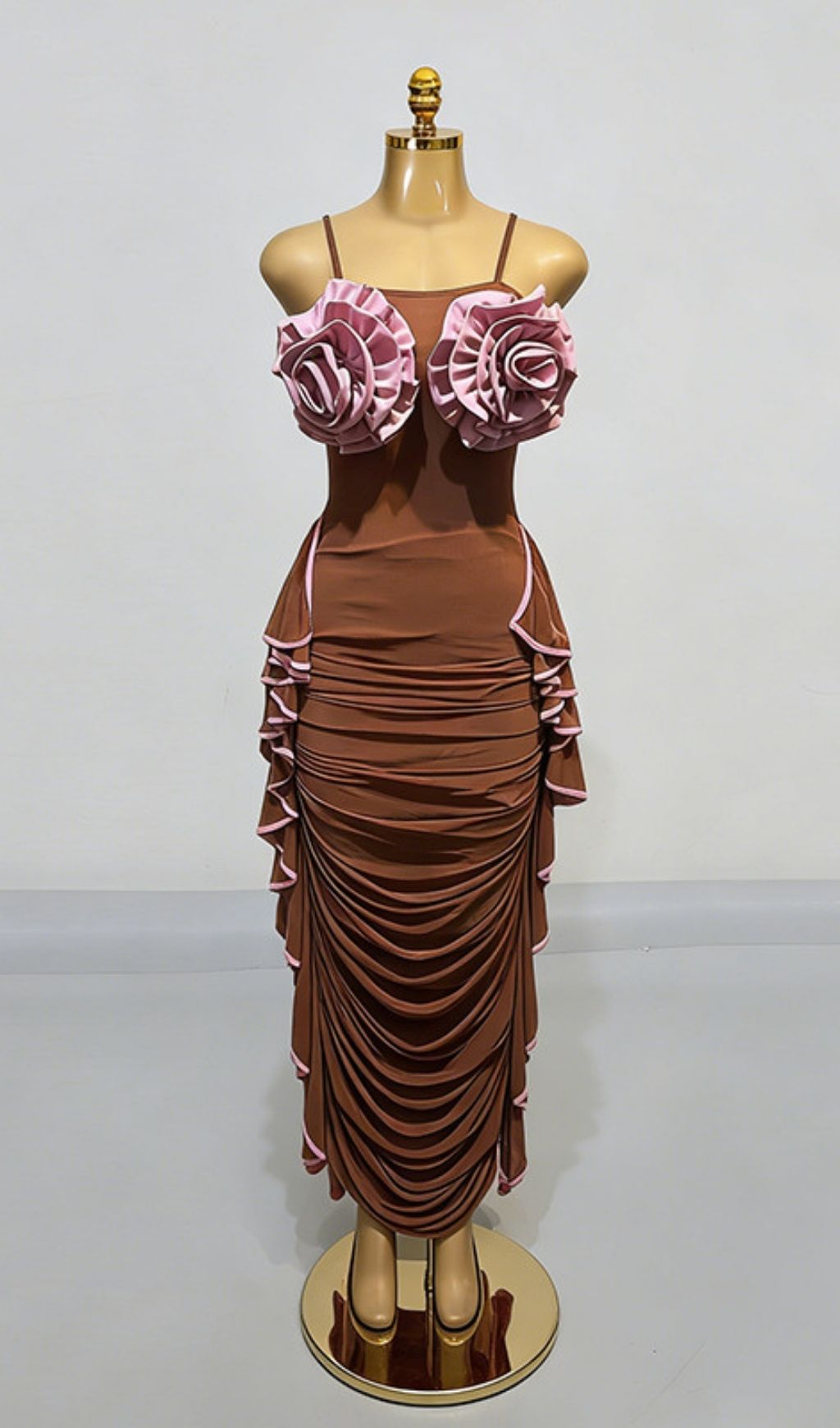 Keziah Enchanting 3D Rose Ruched Maxi Dress - White & Red Elegance