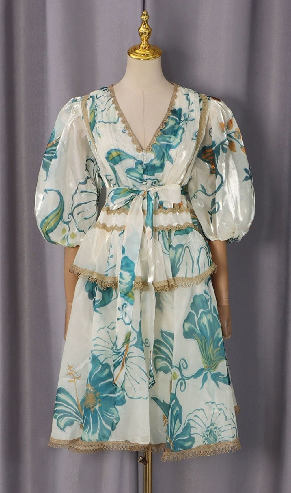 Kirra Blue V-Neck  Printed Puff Sleeve Midi Dress