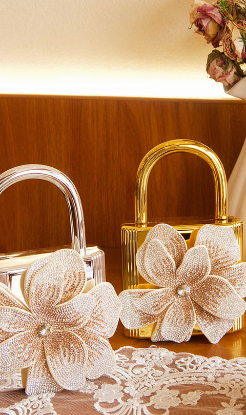 Khori Dazzling Silver Flower Diamante Evening Minaudiere Clutch