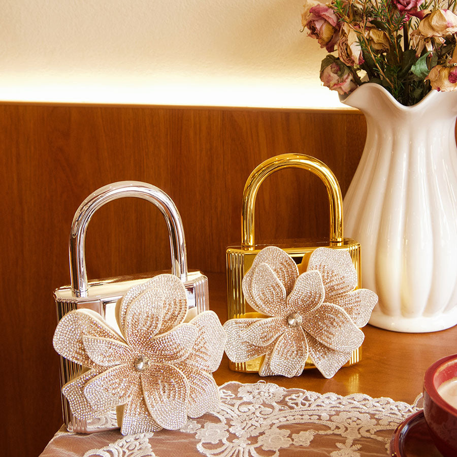 Khori Dazzling Silver Flower Diamante Evening Minaudiere Clutch