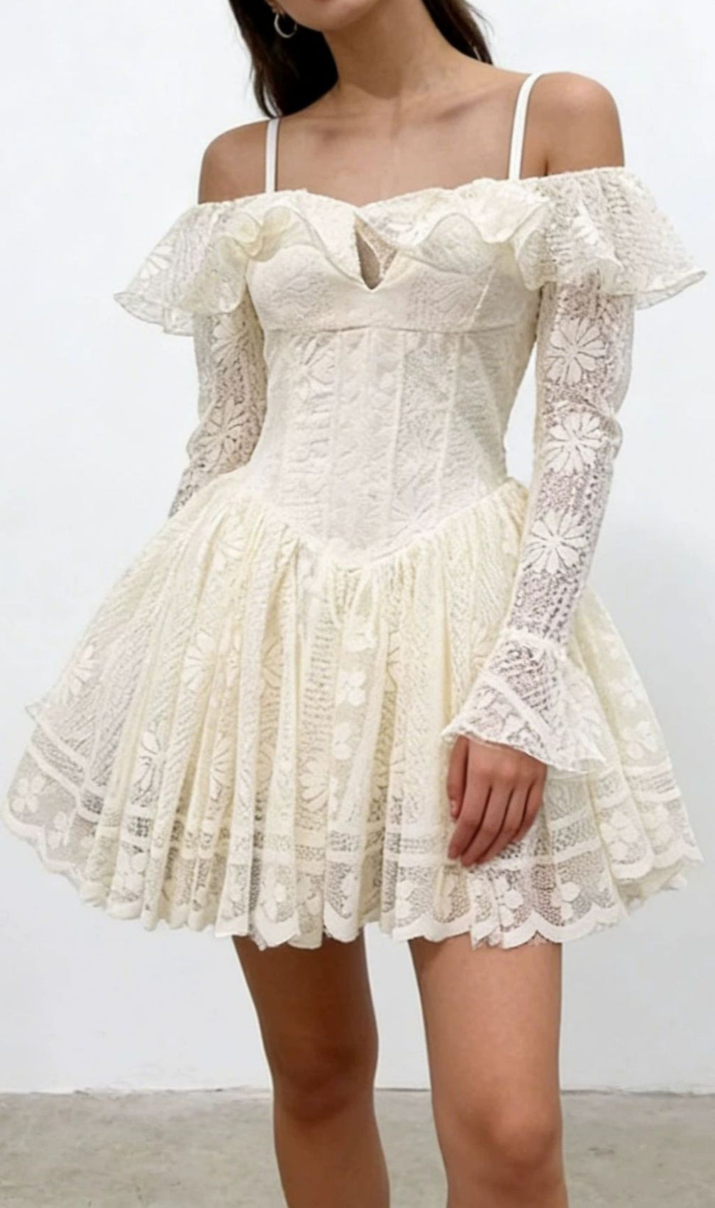 Kestrel Elegant Lace Off-Shoulder Mini Dress | Long Sleeve & Flirty Chic