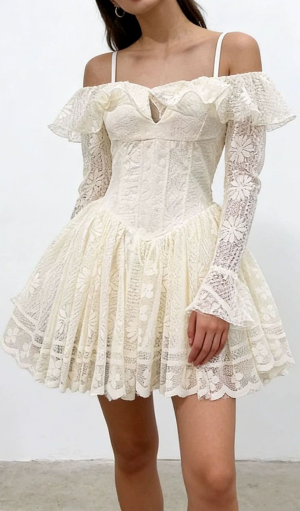 Kestrel Elegant Lace Off-Shoulder Mini Dress | Long Sleeve & Flirty Chic