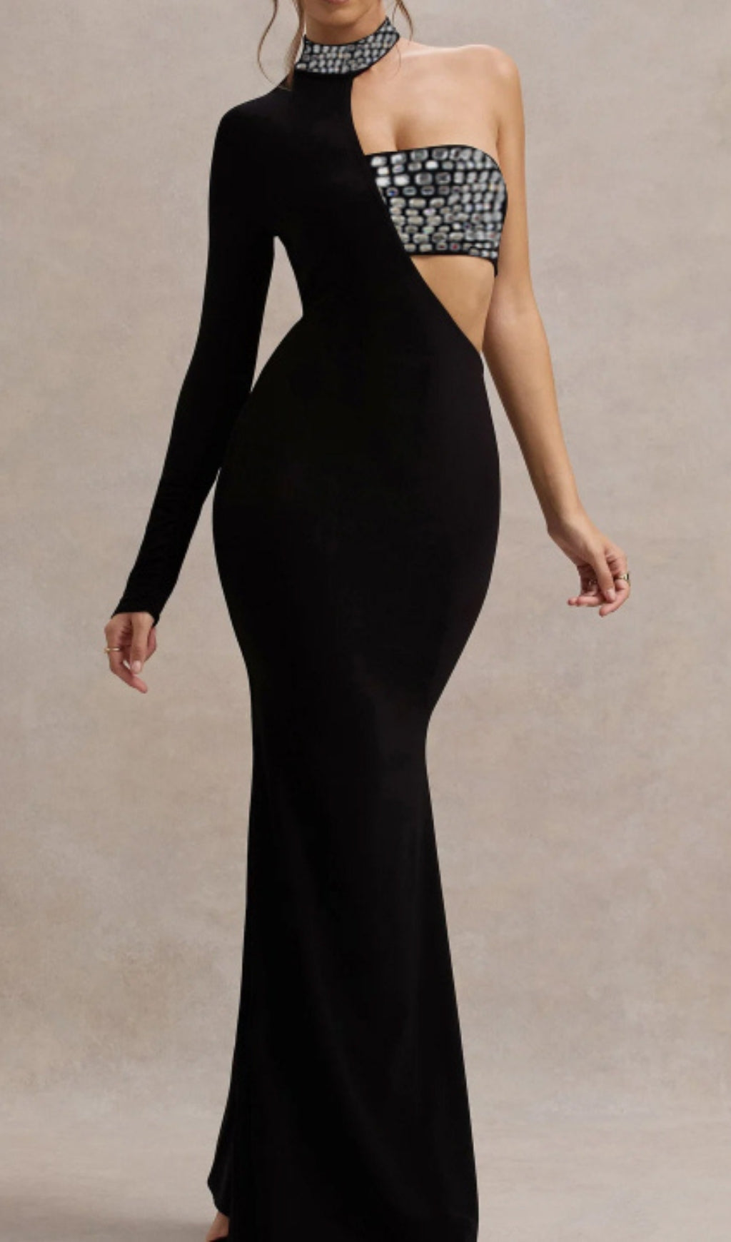 Black One Sleeve Crystal Detail Maxi Dress