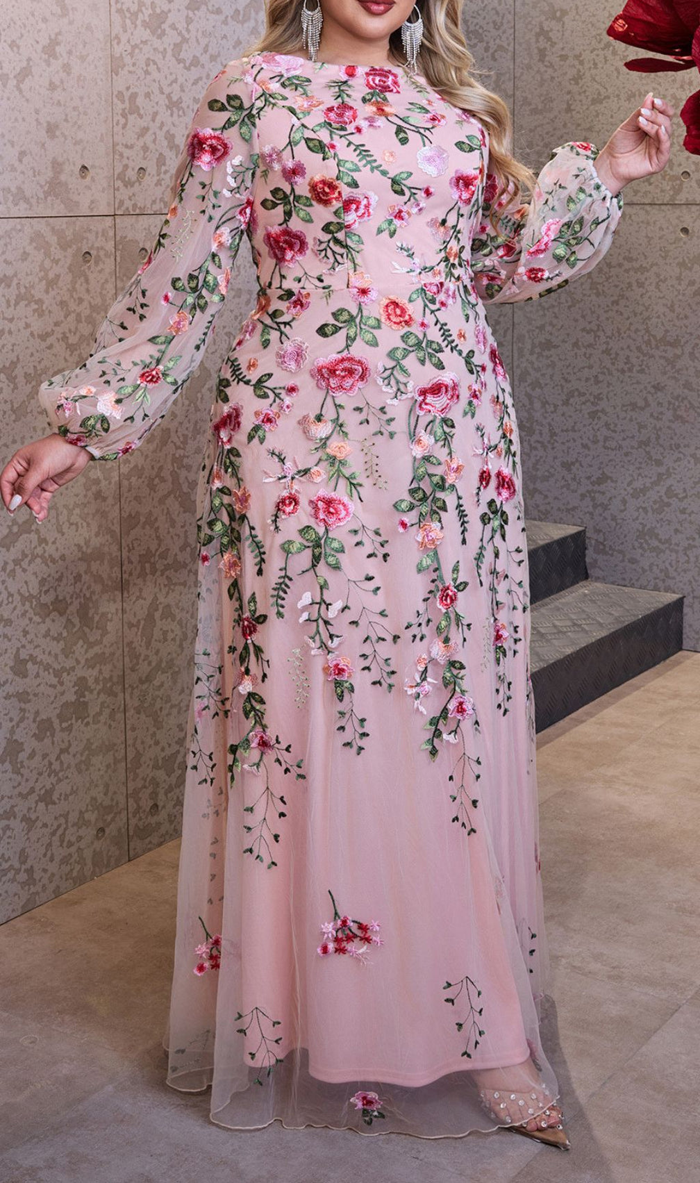 Helia Enchanting Floral Embroidered Plus Size Maxi Dress | Elegant Long Sleeve Gown