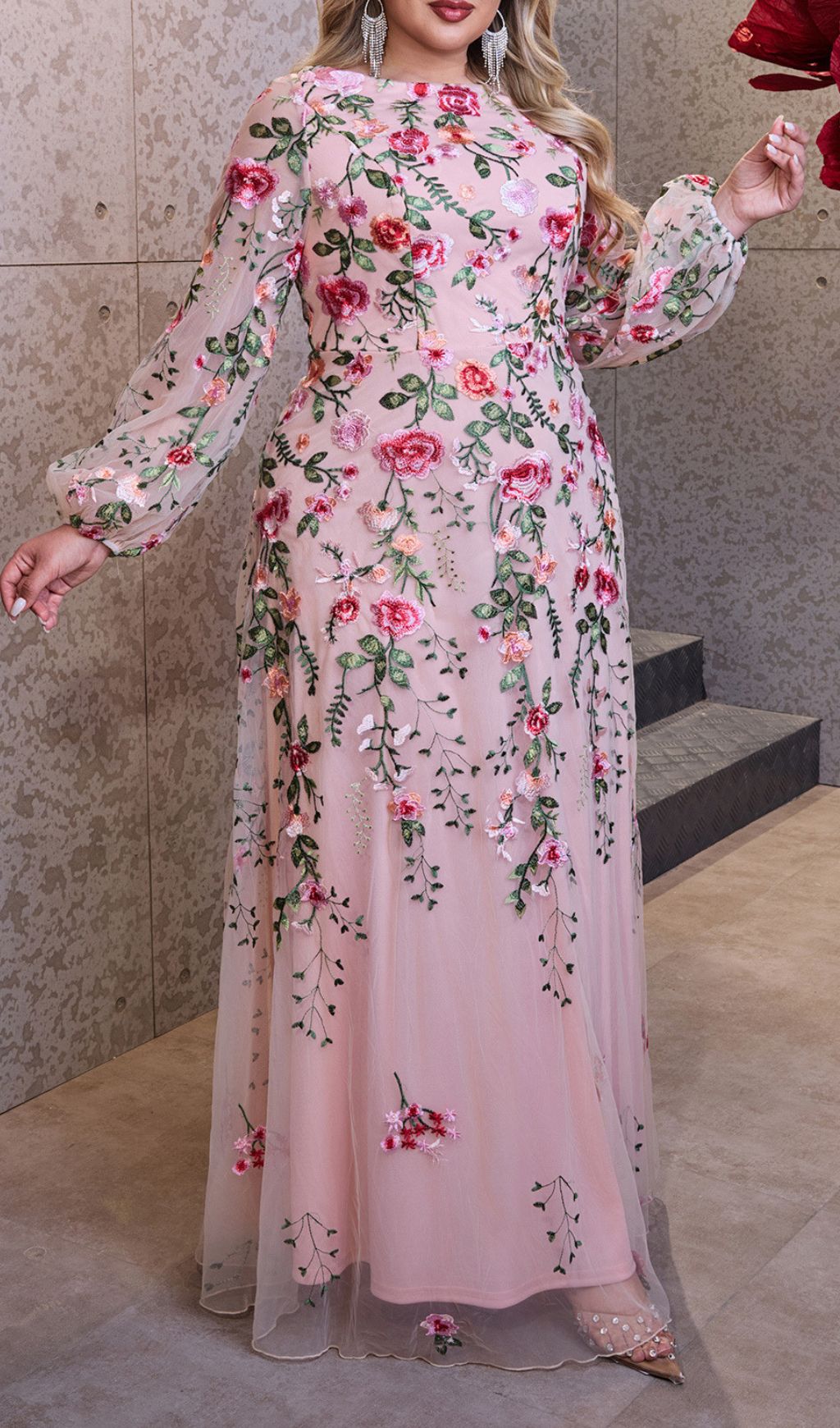 Helia Enchanting Floral Embroidered Plus Size Maxi Dress | Elegant Long Sleeve Gown