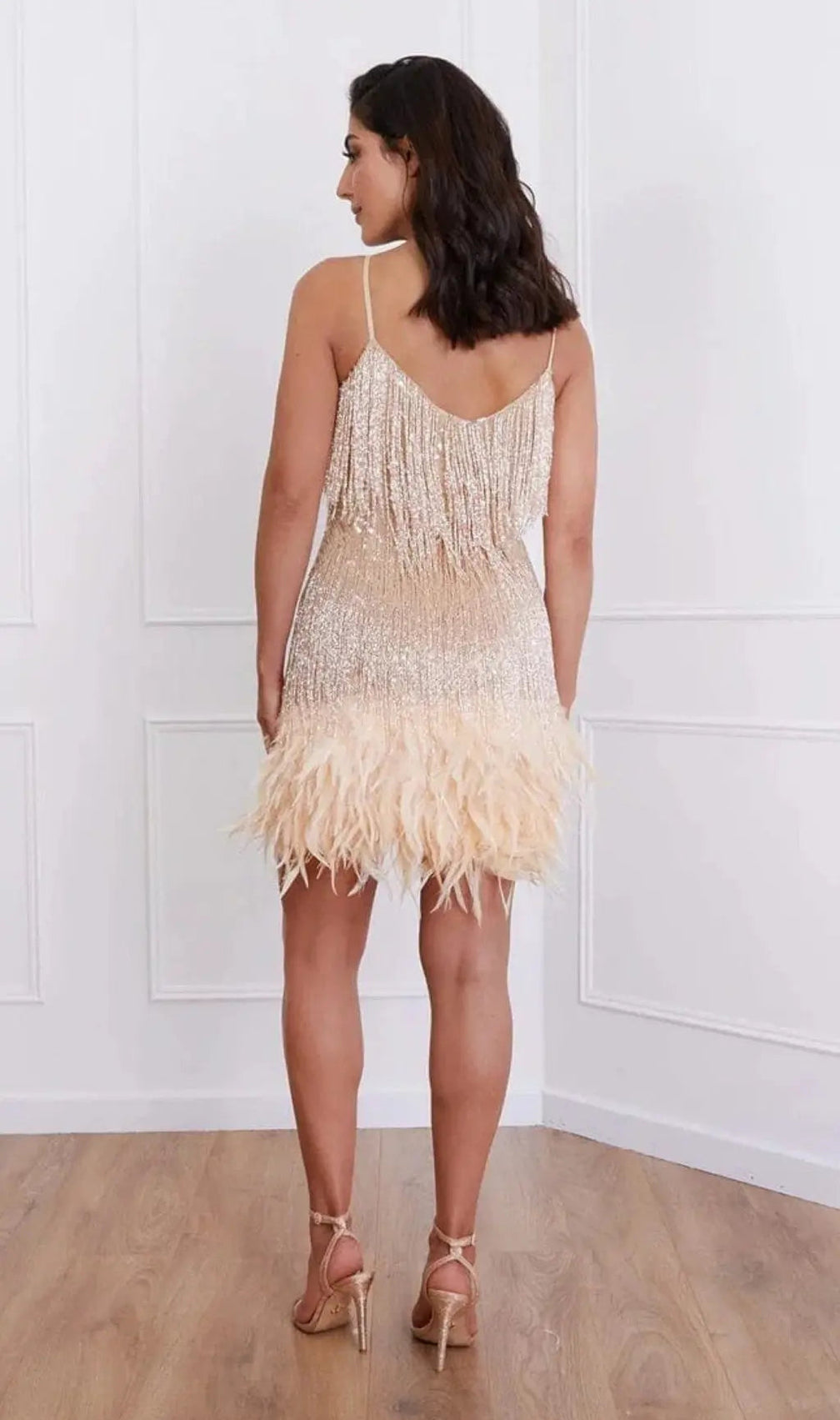Tassel Feather Mini Dress In Beige
