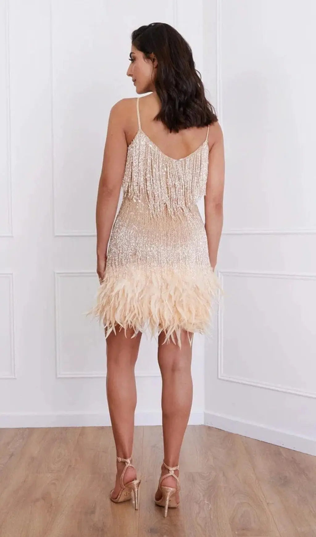 Tassel Feather Mini Dress In Beige