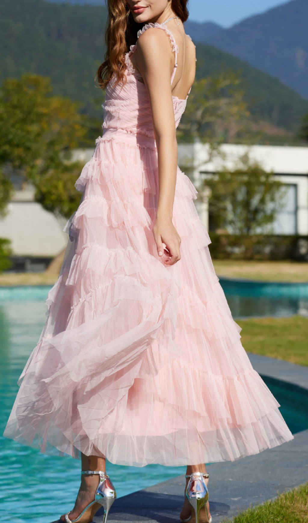 Pink Ruffle V Neck Sleeveless Tiered Tulle Maxi Dress