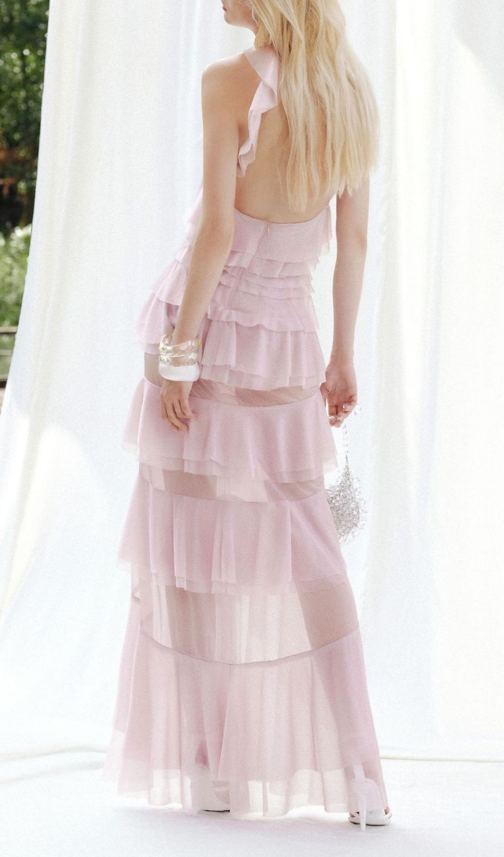 Knute Pink Ruffle Layered Backless Maxi Dress