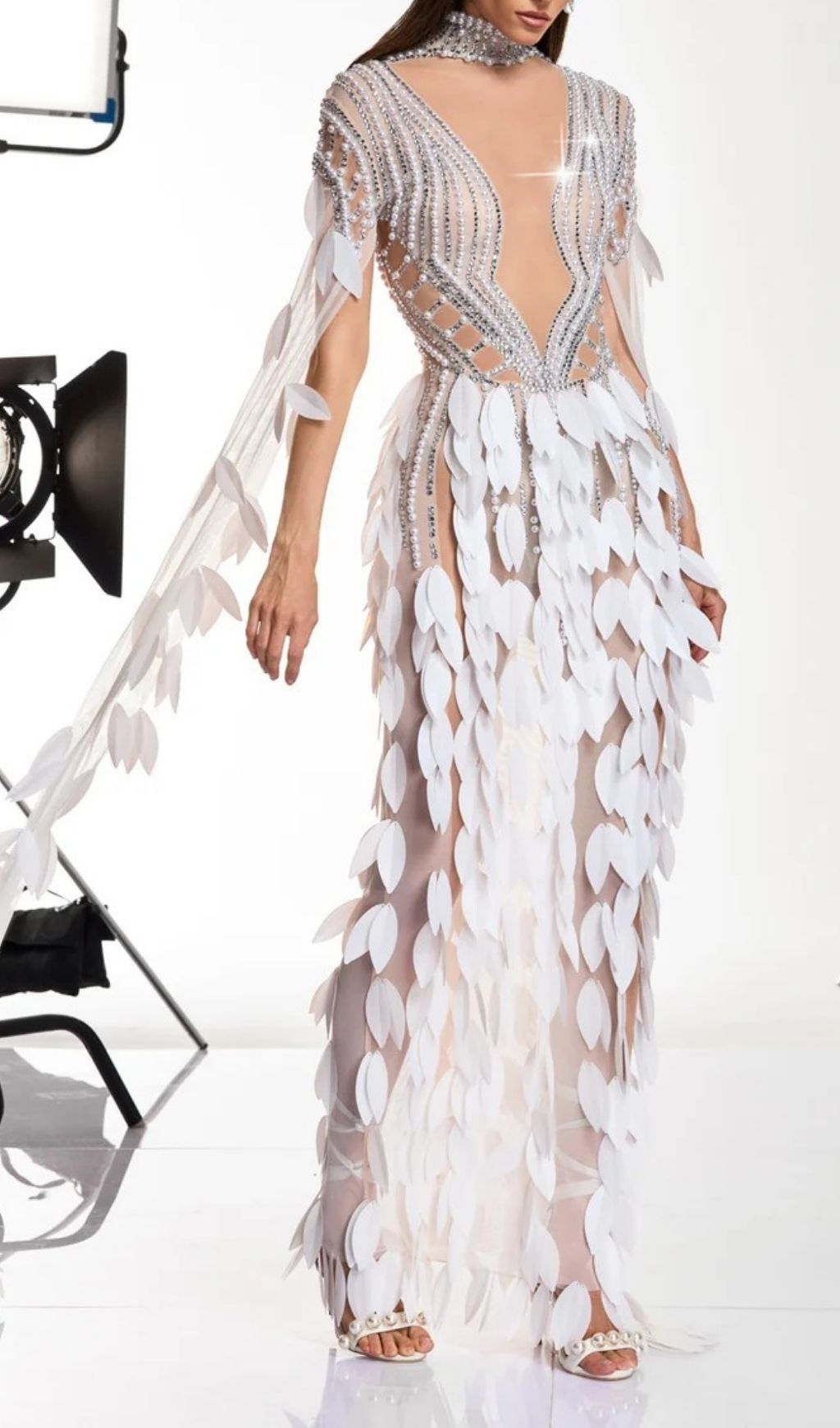 Velune Cape Sleeve Leaf Embellished Maxi Dress