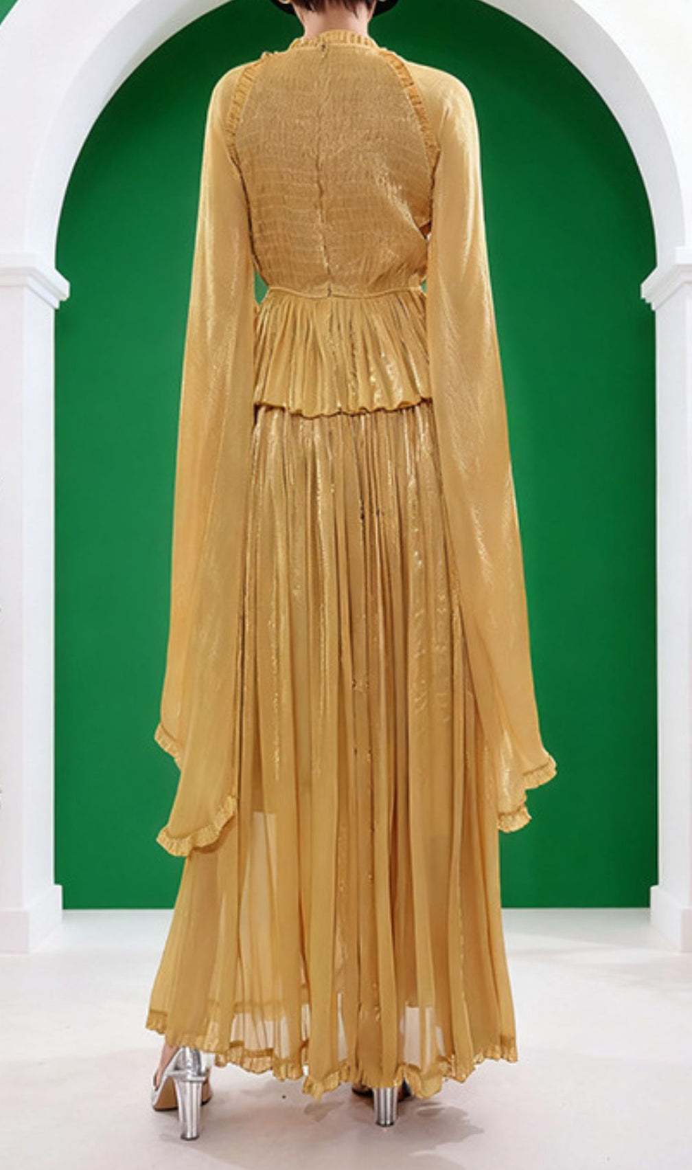 Holle Golden Pleated Maxi Dress for Women - Elegant Long Sleeve Occasion Gown