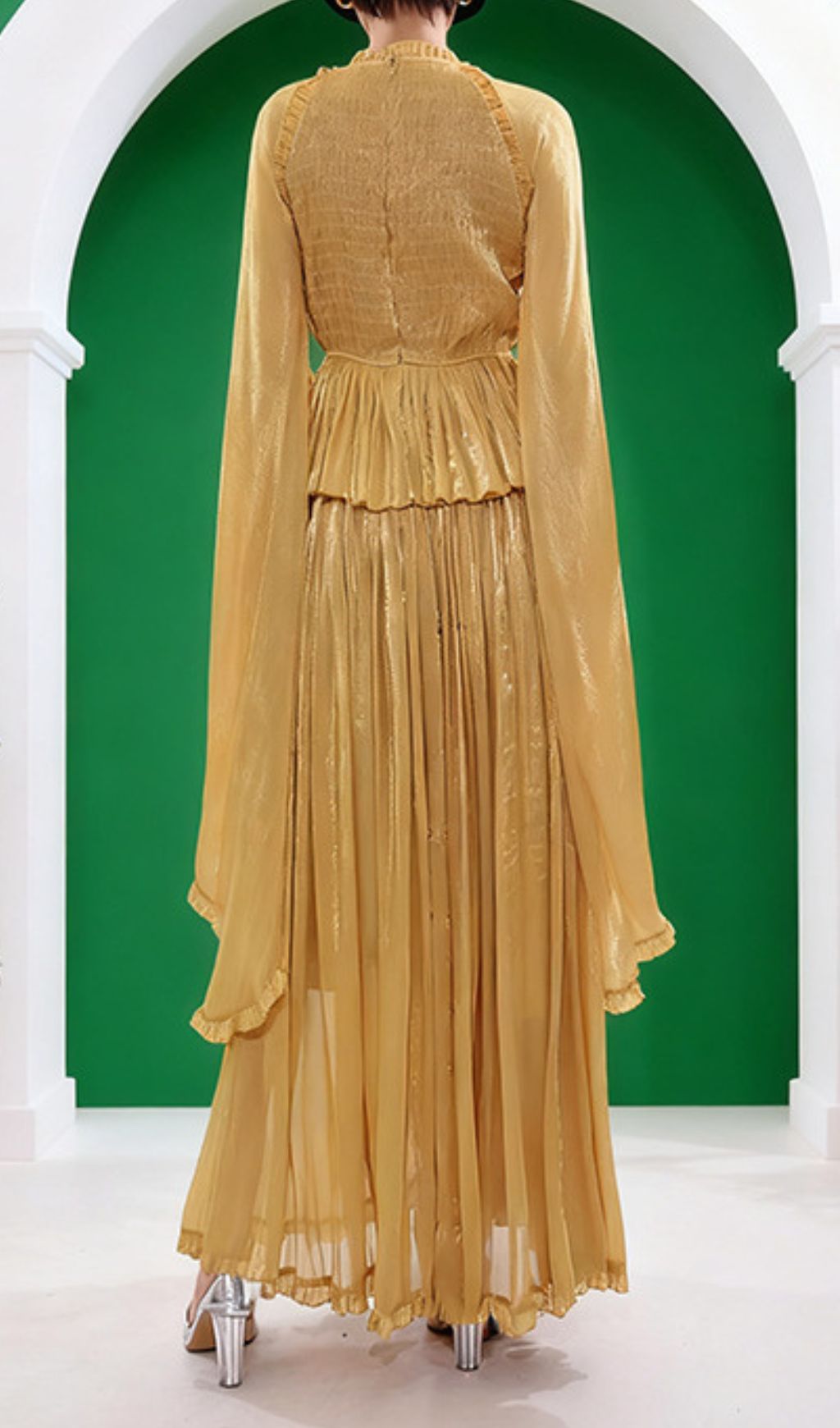 Holle Golden Pleated Maxi Dress for Women - Elegant Long Sleeve Occasion Gown