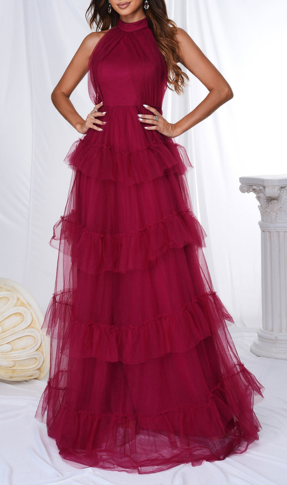 Bozica Red Halter Mesh Maxi Dress