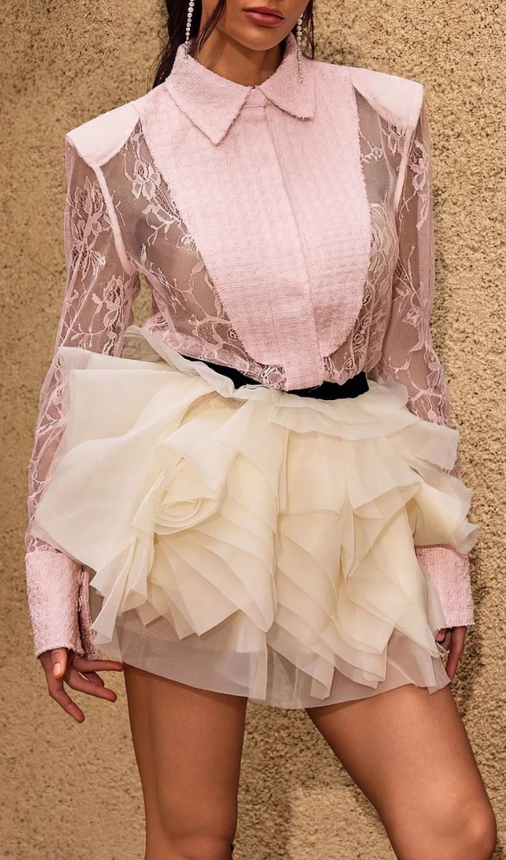 Chasya Elegant Pink Lace & Tweed Sheer Long Sleeve Blouse