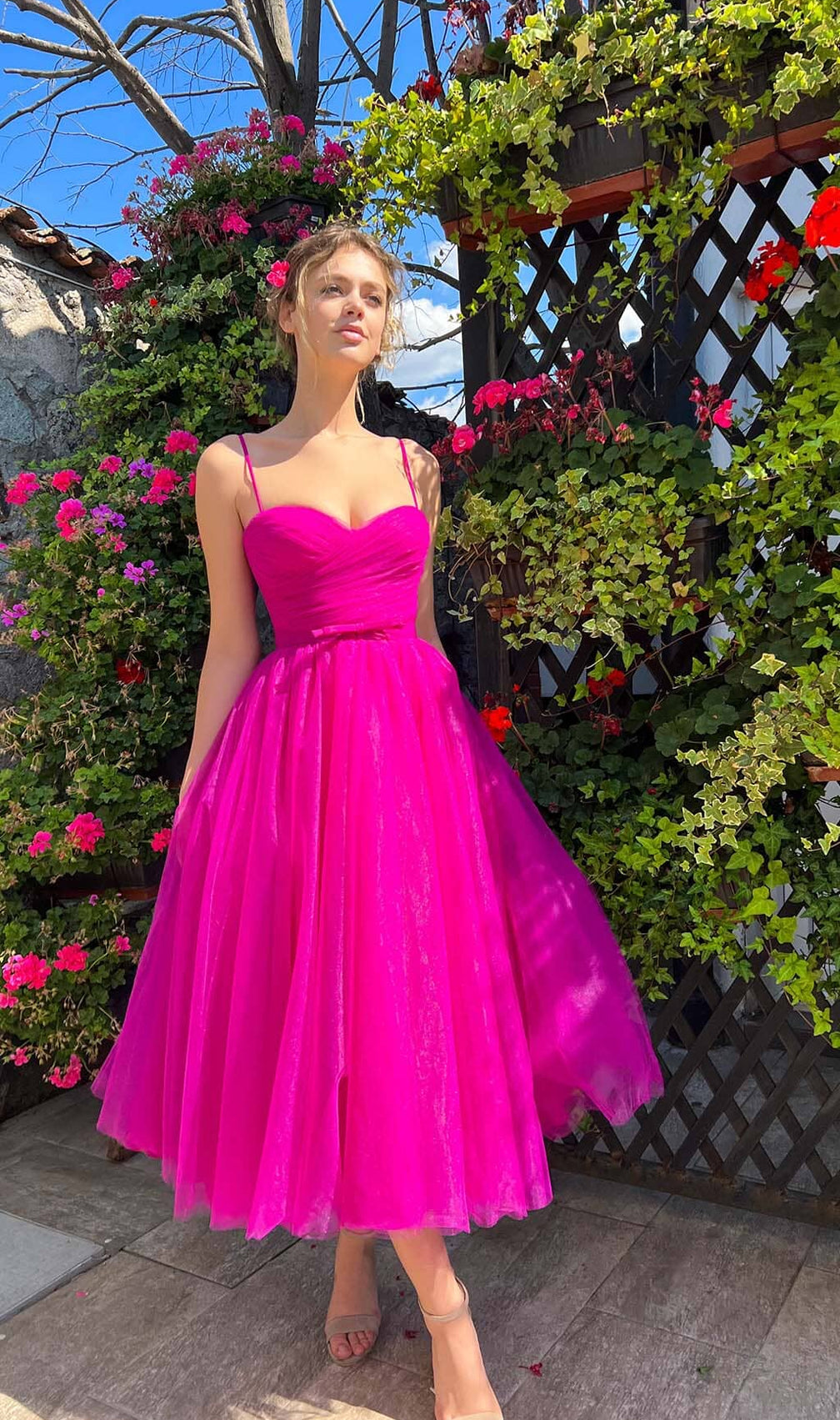 Pleats Spaghetti Straps Midi Dress In Hot Pink