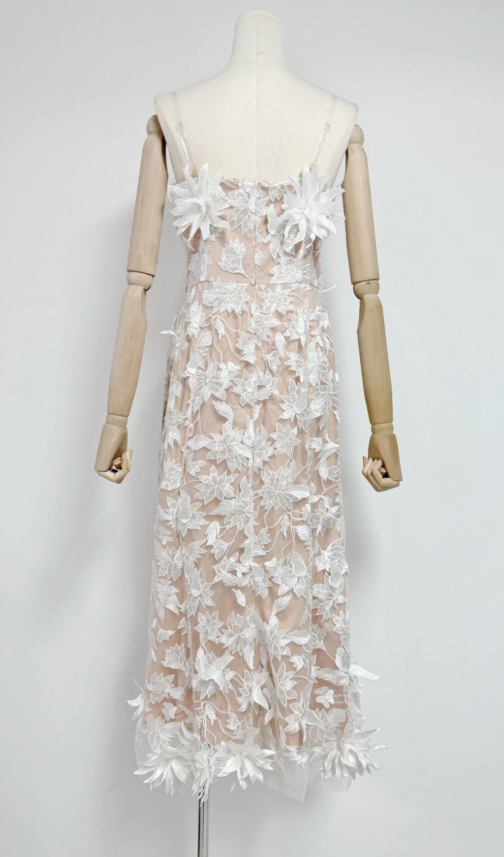 Derya White Strapless 3D Floral Midi Dress - Elegant Wedding Guest & Party