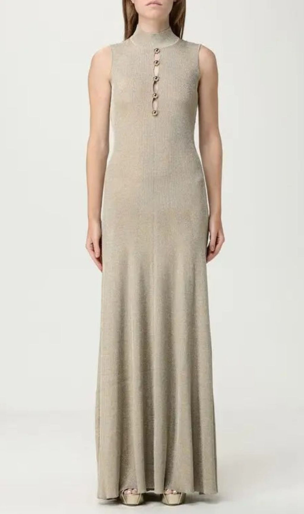 Juno Shimmer Ribbed Knit Maxi Dress | Mock Neck | Gold Buttons