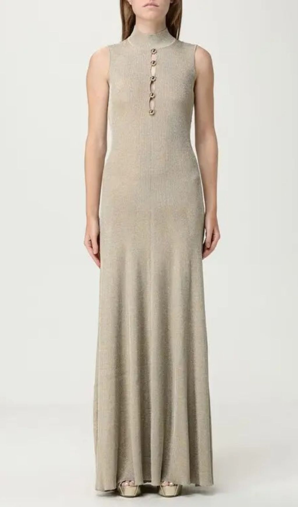 Juno Shimmer Ribbed Knit Maxi Dress | Mock Neck | Gold Buttons