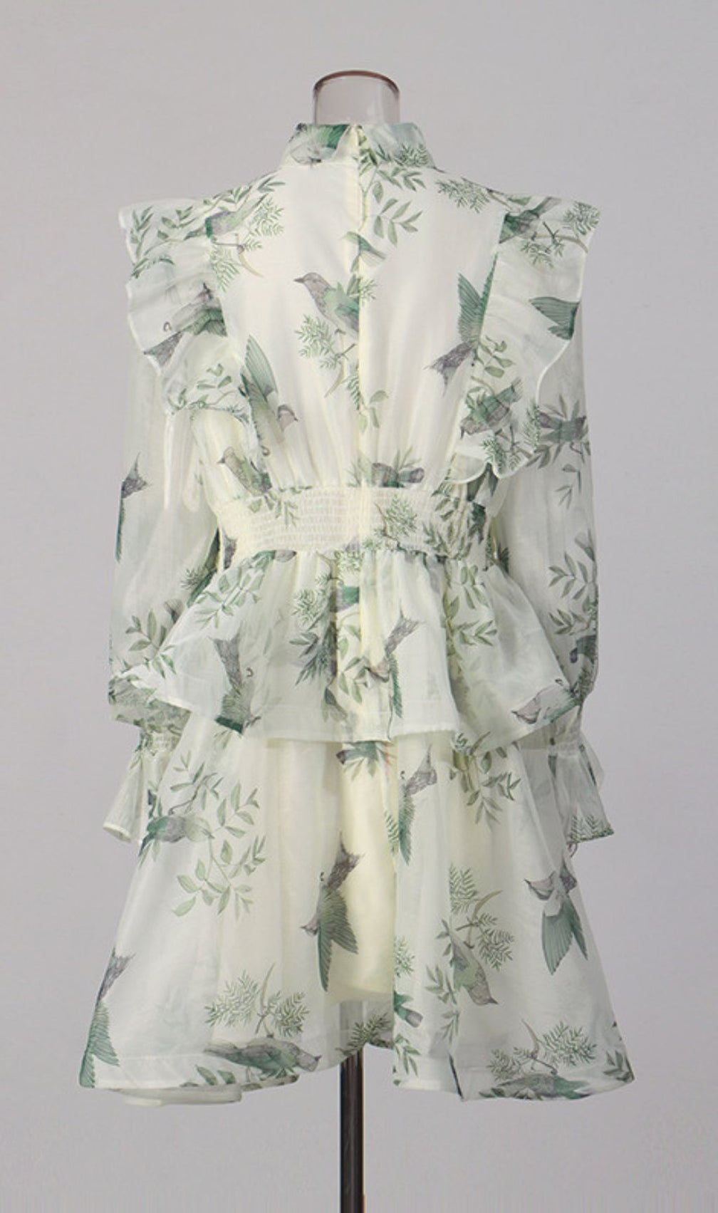 Kaela Chic Whimsical Bird Print Ruffle Long Sleeve Mini Dress