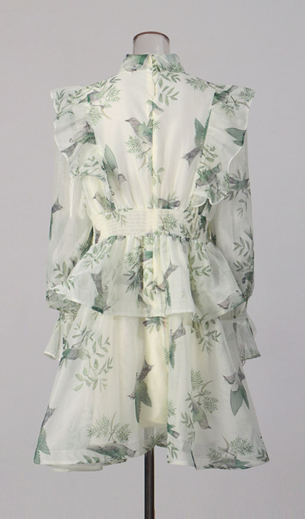 Kaela Chic Whimsical Bird Print Ruffle Long Sleeve Mini Dress